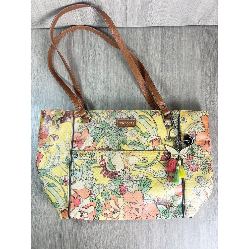 Sakroots Yellow Floral Coated Canvas Tote Bag Butterfly Tassel Charm